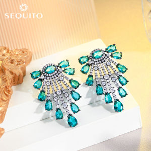 SEQUITO High Grade Women Dinner Nightclub Jewelry Statement Black Gold Plated Paved AAA Blue Water Drop Zirconia Crystal Boho Big Stud Earrings for Party Clothing Accessories SE685
