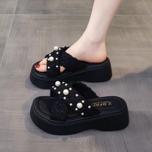 Free Shipping Thick-Soled Height-Increasing One-Strap Sandals For Women Summer Outdoor Wear 2026 New Style Small Fragrance Design Pearl Embellishments Soft-Soled Beach Sandals