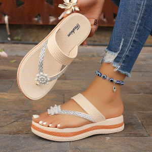 [Free Shipping] Thick-Soled Sandals For Women New Summer Styles Plus Sizes Fashionable Wedge Heels Floral And Rhinestone Embellishments Perfect For The Beach