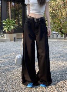 กางเกงยีนส์ผู้หญิง มี5สี ทรงกระบอกหลวม เอวสูง แต่งแฟดเฟชั่น วิเทจ