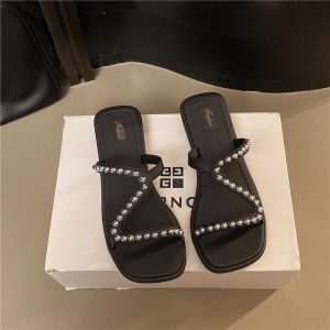 [Free Shipping] 2026 New Summer Silver Pearl Elegant Fashionable Versatile Womens Slippers for Home and Outdoor Wear with Skirts