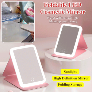 Portable Cosmetic Mirror Desktop Foldable Makeup Mirror with Light Leather Carrying Square Mirror