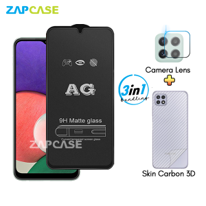Samsung A22 5G PAKET 3in1 Tempered Glass Anti Glare Free Camera Lens dan Skin Carbon