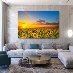 ดอกทานตะวันผ้าใบติดผนังศิลปะโทนสีอบอุ่นทุ่งพระอาทิตย์ขึ้นภูมิทัศน์ภาพวาดภาพพิมพ์ศิลปะห้องนั่งเล่นตกแต่ง 1 ชิ้นไม้กรอบด้านในหรือไร้กรอบ (หรือกรอบอลูมิเนียมสีดำ)