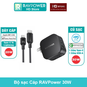 Bộ Sạc RAVPower 30W 2 Cổng PD Pioneer + Cáp Type C to Lightning MFI Sạc Nhanh 20W IPhone 11 12 13 Pro Max IPad