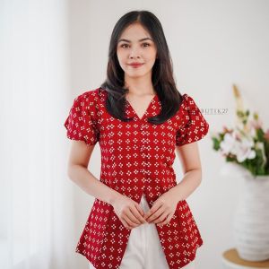 SANDANG JAYA - Blouse Kirana Batik Cap Blus Wanita Terbaru Modern Outfit Formal Cantik Trendy Fleksibel - Navy Merah - Fashion Modern Batik Solo