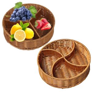 ZYJC Divided Imitation Rattan Storage Basket Handmade 2/3/4 Compartments Woven Fruits Serving Tray creative Multi-purpose  Snacks Organizer Vegetables