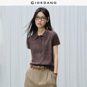 Giordano Women Linen blend short sleeve knit polo shirt Free Shipping 18356307