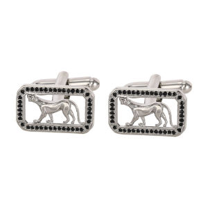 1Pair Square Classic Hollow Leopard Design Cufflinks Copper Material Inlaid Black Rhinestones Suit Cuff Links Accessories