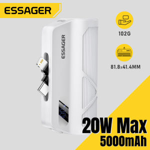 Essager PD20W 5000mAh Power Bank Type C+Lightning Wireless Charging Small Portable Digital Display For Mobile Phone iphone16 15 Samsung Huawei Xiaomi Fast Charge Digital Display Type C Lightning Twoport Power Bank
