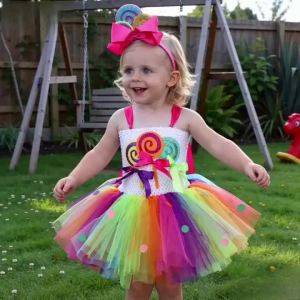 Rainbow Candy Lollipop Costume for Girls Birthday Party Tutu Princess Dress Ball Gown Kids Carnival Christmas Halloween Clothes2026