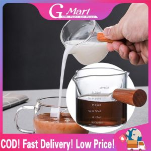 Espresso Measuring Cups with Wooden Handle Double Spouts Measuring Triple Pitcher Milk Cup Espresso Shot Glass with Scale Ounce-Cup