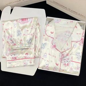 Little Milk Dog Cartoon Satin Silk Pajamas Girl Sweetheart Cardigan Lapel Sleepwear Autumn Long Sleeved Long Pants Home Wear