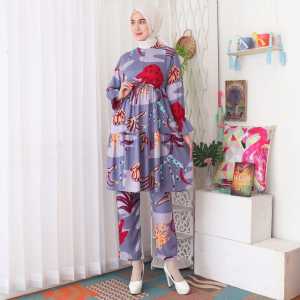 (REALPICT) Setelan Wanita Muslim Set Tunik SANDRA KATUN RAYON busui