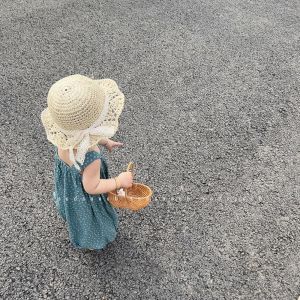 HAPP Lace Trim Kids Hat Cute Straw Woven Panama Hat Bucket Hats Solid Color Children Straw Cap Summer Season