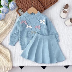 Bear Leader 3-7 Years Kids Clothing Outfits Winter Cute Bow Tie Knit Sets Round Neck Long Sleeved Sweater + A-line Skirt Suit Korean 2 Pieces Suits Girls Clothes