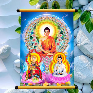 Tranh Ta Bà Tam Thánh Treo tường in trên vải - Nẹp Nhựa Kích thước 20x30 cm - 30x40 cm