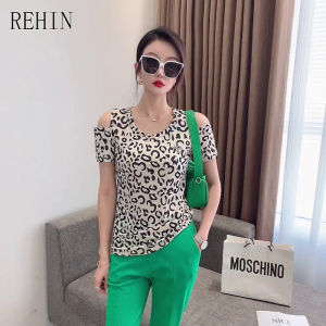 REHIN Womens top new Summer fashion short-sleeved T-shirt Leopard print with diamonds strapless off shoulder thin slim fit blouse