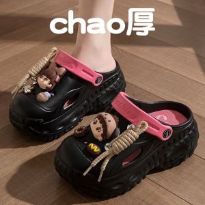 [Free Shipping] Thick-Soled High-Heeled Sandals For Women Perforated Shoes For Outdoor Wear Slip-On Beach Sandals Home Slippers WomenS Closed-Toe Slippers
