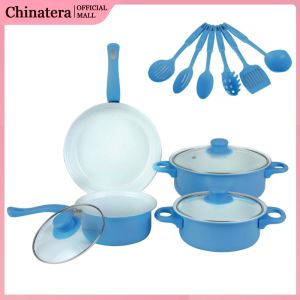 12Pcs Non Stick Cookware Set Cooking Pot with Lid Milk Pot Maifan Stone Frying Pan Stackable Pot Set for All Hob