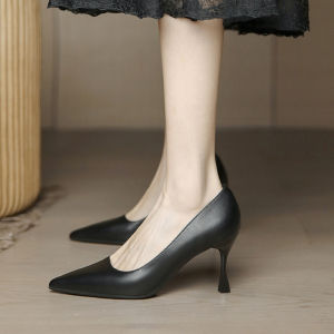 Free Shipping Professional Black High Heels WomenS Leather Shoes Suitable For Interviews And Commuting Elegant Shallow-Toe Design Versatile Wide Fit For Wider Feet Work Shoes Single Shoes