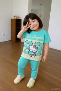 Stelan Kaos Jersey Viral Anak Perempuan Lengan Pendek Usia 0-6 Tahun Bahan Katun Motif Hello Kity