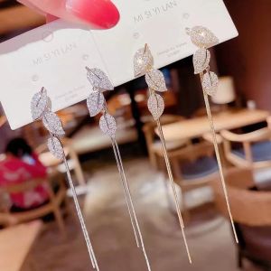 Frascati Personalized Leaf Tassel Light Luxury Glitter Diamond Earring For Women Korean Fashion Daily Birthday Party Jewelry Gift