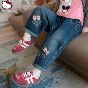 Christmas gifts Halloween Kawai Hello Kitty Girls Bow Jeans Sanrio Spring Autumn New Fashion Cartoon Childrens Sweet Soft Casual Pants Christmas Gifts
