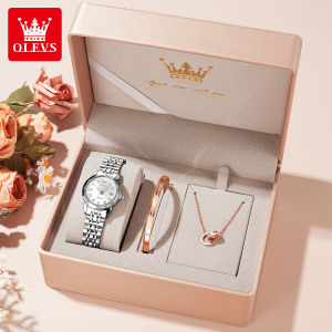 【Beli 1 gratis 2】OLEVS Jam Tangan Wanita Anti Air Original Anti Karat Mewah Set Kalung Gelang Bercahaya Kalender Quartz Watch