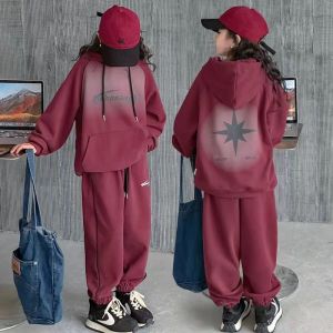 ali9 Girls Suit Spring Autumn and Winter 2024 New Childrens Sports Western Style Leisure Childrens Net Red Hooded Sweater Two-Piece Set