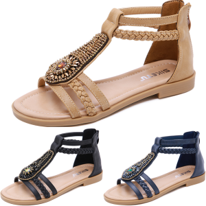 35-42 Strapy sandal wanita Gemstone Beading Soft Leather Zipper Flat Heel rendah wanita kasut makan malam kasut Flat pejabat pakai Hot Sale kasut getah untuk wanita