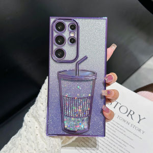For Samsung Galaxy S24 Ultra S23 S22 Case Cover 3D Bling Sparkle Plating Juice Bottle Designer Cup-Shaped Moving Glitter Phone Cases Quick Sand Flowing Liquid Glitter Shockproof Phone Case