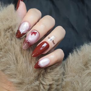 Lizzy Nail AL018 – Nailbox Móng Úp Đỏ Mix Mắt Mèo Nơ Set 10 Móng Giả Press On Nails Almond / Medium Stiletto