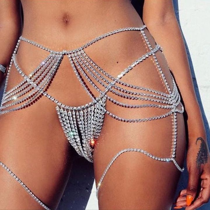 Women Sexy Rhinstone Underwear Body Chain Crystal G-String Belly