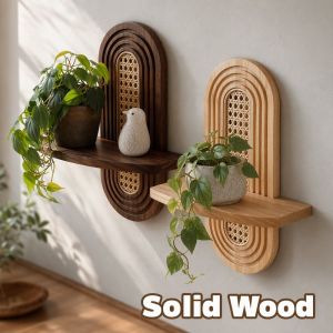 Warm.home-MY Floating Wall Shelf Wooden Plant Stand Wall Mounted Space Saving Rustic Home Decor Living Room