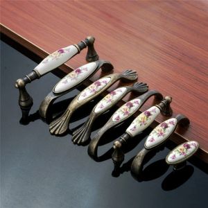 SIDSI Antique Bronze Ceramic Handle Durable Flower Cabinet Pull Knob Furniture Hardware Accessories European Door Handles Wardrobe Closet Cupboard