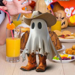 PELLETIZING With Hat And Boots Cowboy Ghost  Statue Seasonal Charming Addition Resin Craft Halloween Ghost Ornaments Cute Handmade Ghost Figurines Statue Bedside Desk