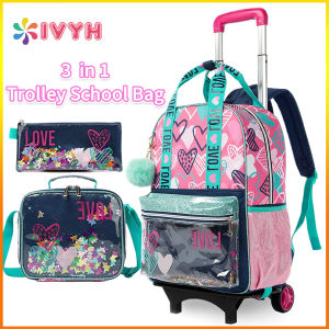 【Selangor Ready Stock】IvyH School Bag Trolley for Girls Childrens Backpack with Wheels School Backpacks with Lunch Bag Pencil Case School Bag for Girls Teenagers