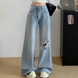 Fomu กางเกงยีนส์AIMISS ขากระบอกใหญ่ ทรงเกาหลี แต่งขาดๆ เป็นทรงใหญ่ๆ ใส่แล้วดูตัวเล็ก ผ้ายีนส์หนาเกรดพรีเมี่ยม J508