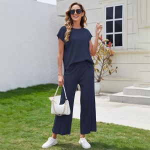 2026 Hot Sale [ Shipped from China ] European and American ladies  2  Casual Knit Wide-Leg Pants Set Beach Vacation Outfit B3