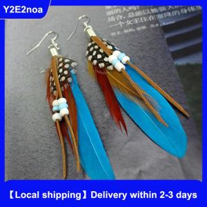 【Local shipping】 Fashion Tassel Dangling Earrings Feather Leather Beads Earrings Indian Feathers