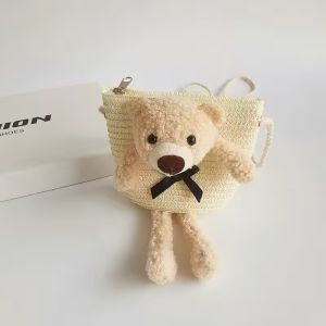 VREN Cute Bear Baby Girl Shoulder Bags Straw Children Messenger Bag Kids Princess Mini Bow Handbag Crossbody Child Girls Coin Purse