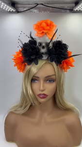 Spooky Skull Headpiece Hairhoop Adjustable Nonslip Hairband with Dark Series Flower For Costume Night And Performances
