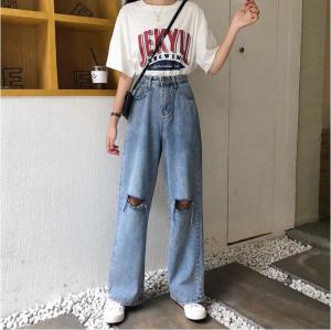 Jeans Wanita Celana Robek Polos Pinggang Tinggi Celana Denim Longgar