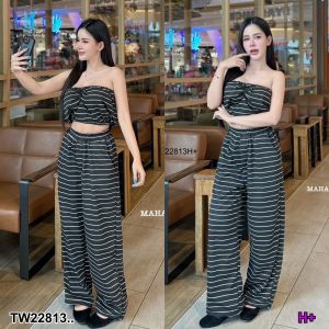 TW22813  Set 2 ชิ้น เกาะอกลายริ้ว + กางเกงขายาวลายริ้ว ..