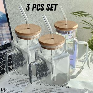 Borosilicate Glass Cup Tumbler with Bamboo Cover Glass Straw Clear Silicon Glassware Mason Style for Hot and Cold Drinks
