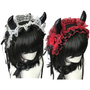 Vintage Gothic Lace Headband Halloween Devil Horn Headpiece For Women Girl Halloween Cosplay Gothic Costume Accessories