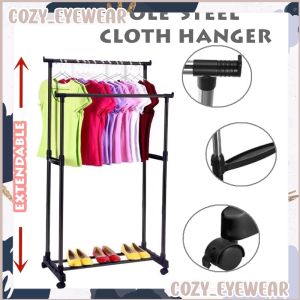 Double Pole Stainless Steel Cloth Hanger And Organizer Garment Rack Wheel Penyangkut Baju