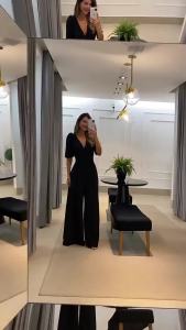 Women elegant overall jumpsuit puff short sleeves V neck pockets belt Black solid color wide leg pants high waist long forma jumpsuit for woman㏇X0410