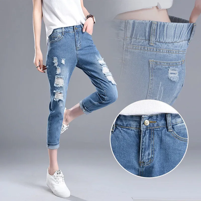 Blue High Waisted Elastic High Waisted Ripped Jeans With Hole